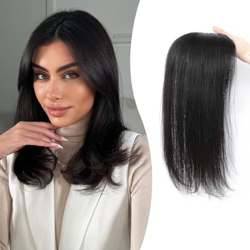 Fine Plus 14Inch Hair Toppers for Women Real Human Hair ? Mono Base 3"x5", Natural Black Virgin Quality, for Thinning Crown & Wide Parting, Lightweight & Breathable, Add Volume Can Be Curled