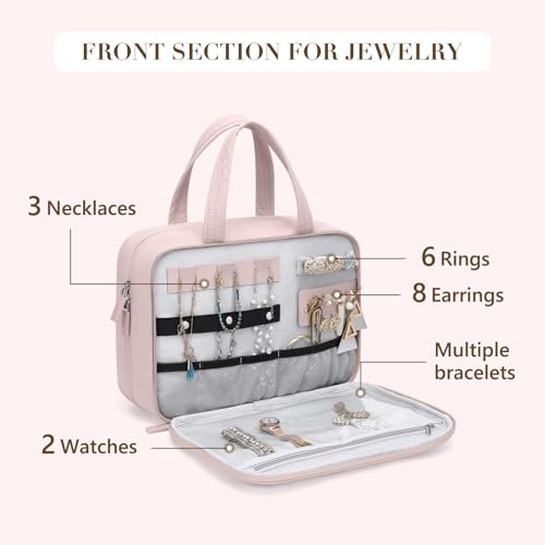 Travel Toiletry Bag,Water-resistant Makeup Cosmetic Bag with Jewelry Organizer Hanging Toiletry Bag for women Trips Camping Bathroom,Smoky Pink