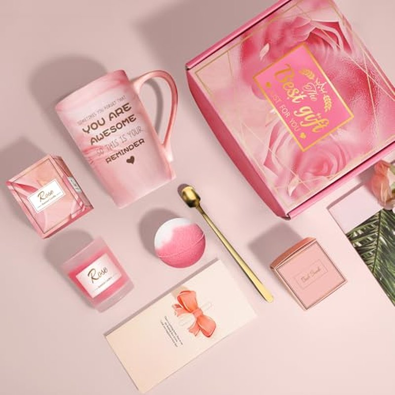 Birthday Gifts for Women, Mom, Sister, Friend: Unique Pink Self Care Spa Relaxation Baskets Set, Christmas, Holiday, Valentines Day Presents for Her, Girlfriend, Grandma, Wife, Bestie, Coworkers