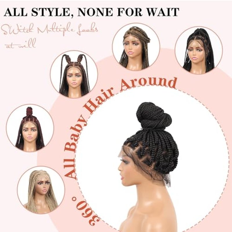 Lexqui 36" 360¡Æ HD Full Lace Large Square Knotless Braided Wigs for Women Box Braid Wig Braided Lace Front Wigs Premium Synthetic Braid Wig with Baby Hair Brown