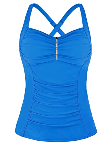 Hilor Women's Tummy Control Tankini Bathing Suits Shirred Swimsuits Cross Back Top Swimwear Brilliant Blue 10