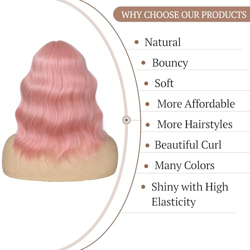Light Pink Wig for Women Short Pastel Wavy Wigs Curly Bob Wigs with Bangs Shoulder Length Colorful Synthetic Wigs for Cosplay Costume Party Daily Use(14 Inches)