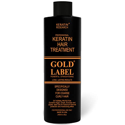 Gold Label Brazilian Keratin Hair Treatment Straightening works on All Hair Types Incl Coarse Thick Dry Frizzy Curly Bleached Dominican Brazilian Indian Strong formula Hair 240ml