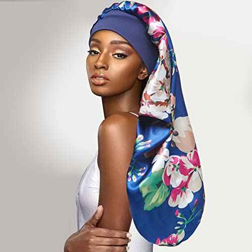 4PCS Long Satin Bonnet Sleep Cap,Black Extra Large Silk Bonnet for Natural Hair, Bonnets for Women Night Sleep,Wide Elastic Band, Very Soft & Comfortable (Black,3 Floral Patterns)