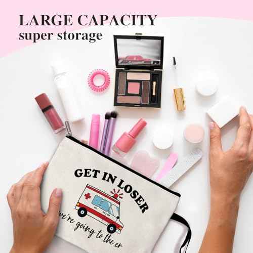 Get In Loser We're Going To The ER Funny Canvas Zipper Makeup Bag, Travel Accessories Storage Toiletries Bag, Gifts for Paramedic Emergency Medical Technician Ambulance Technician Nurse EMT