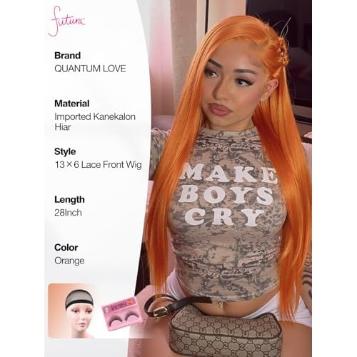 Quantum Love13x6 Lace Long Straight Orange Wigs Lace Front Synthetic Wig for Women 28Inch Wear and Go Glueless Orange Kanekalon Futura Hair Wig