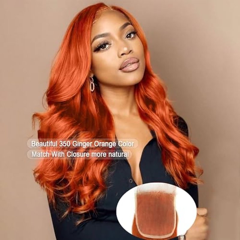 Ginger Bundles Human Hair With Closure Body Wave 14 16 18+14 In, 10A 350 Ginger Human Hair Bundles with 4x4 HD Closure Soft And Shed-Free 350 Copper Orange Body Wave Bundle