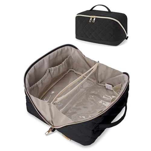 Wandering Nature Travel Makeup Bag,Travel Make up Bag with Large Capacity,Quilted Makeup Organizer Bag, Open Flat Travel Toiletry Bag for Women Cosmetic Bag with Divider and Handle,Patent Pending