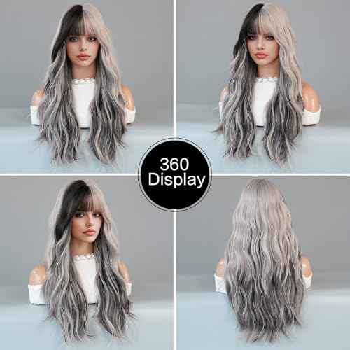 PARK YUN 27 Inch Long Wavy Synthetic Wig with Bangs Silver Grey Half Black Ombre Highlight Heat Resistant Glueless Natural Looking Wigs for Women Daily Party Halloween Christmas Cosplay Travel