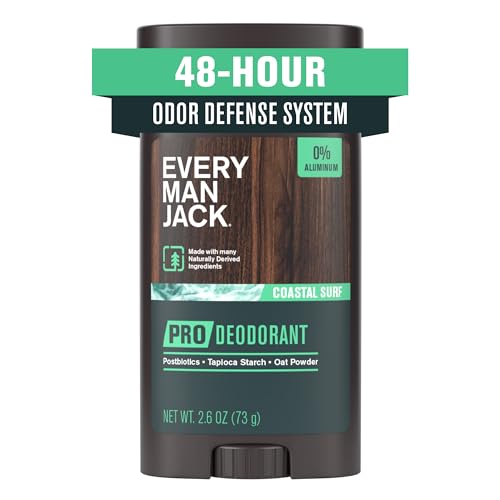 Every Man Jack Men's Pro Deodorant - 48-Hour Odor Defense Blend - Aluminum Free - Contains Postbiotics, Tapioca Stach & Oat Powder - Coastal Surf Scent - 2.6 oz - 1 Pack