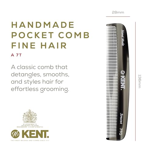Kent 7T G All Fine Tooth Pocket Comb - Handmade Grooming Comb for Styling, Travel, Mustache and Beard Care - Saw Cut and Hand Polished