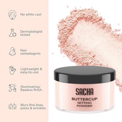 Sacha BUTTERCUP Ros? Setting Powder. No Ashy Flashback. Blurs Fine Lines and Pores. Loose, Translucent Face Powder to Set Makeup Foundation or Concealer. For All Skin Tones, 1.75 oz.