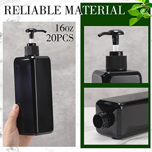 20 Pack 16oz/ 500ml Plastic Empty Bottles Refillable Shampoo Containers with Pump Lightweight Square Soap Dispenser Bottles for Essential Lotions, Shampoos, Conditioner, Massage Oil (Black)