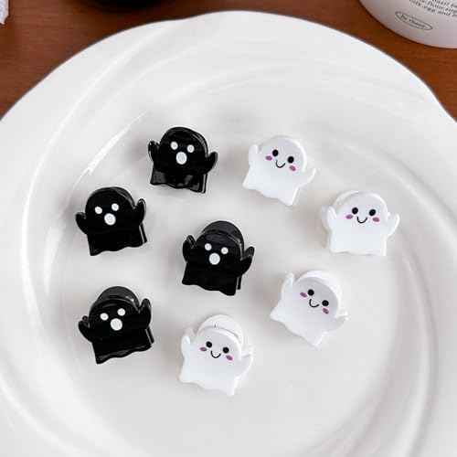 8Packs Mini Halloween Christmas Hair Clips,Spooky Cute Ghost Hair Accessories Acrylic Claw Clips Strong Hold Non Slip Hair Decorations for Women Girls (black and white)