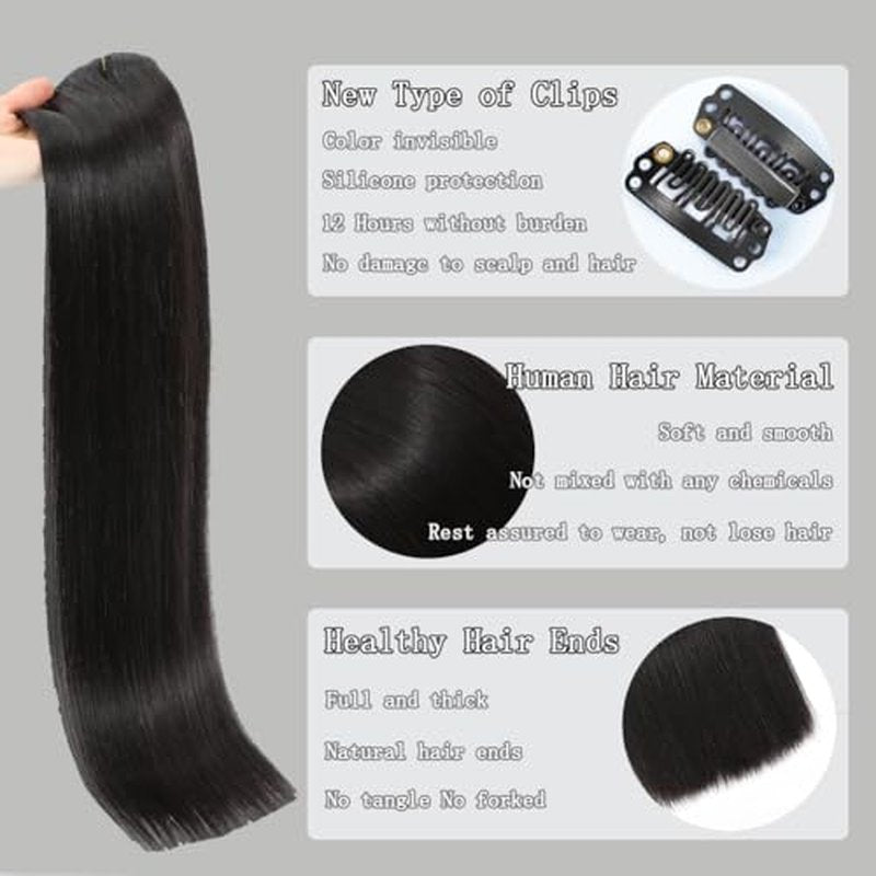 Clip in Hair Extensions Real Human Hair 100% Brazilian Remy Human Hair Seamless Invisible clip on hair extensions for women Double Weft 7pcs 16 Inch 85g #1B Natural Black