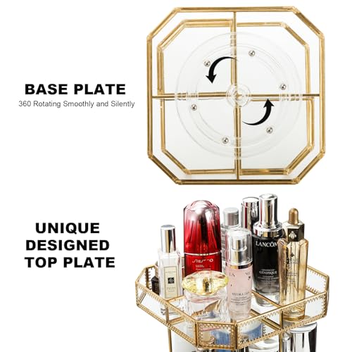 ZOOFOX 360 Degree Rotating Glass Makeup Organizer, Large Cosmetics Storage Display Holder with Gold Trim for Vanity, Clear Makeup Carousel for Perfume, Cosmetics, Brushes, Lotion, Lipsticks