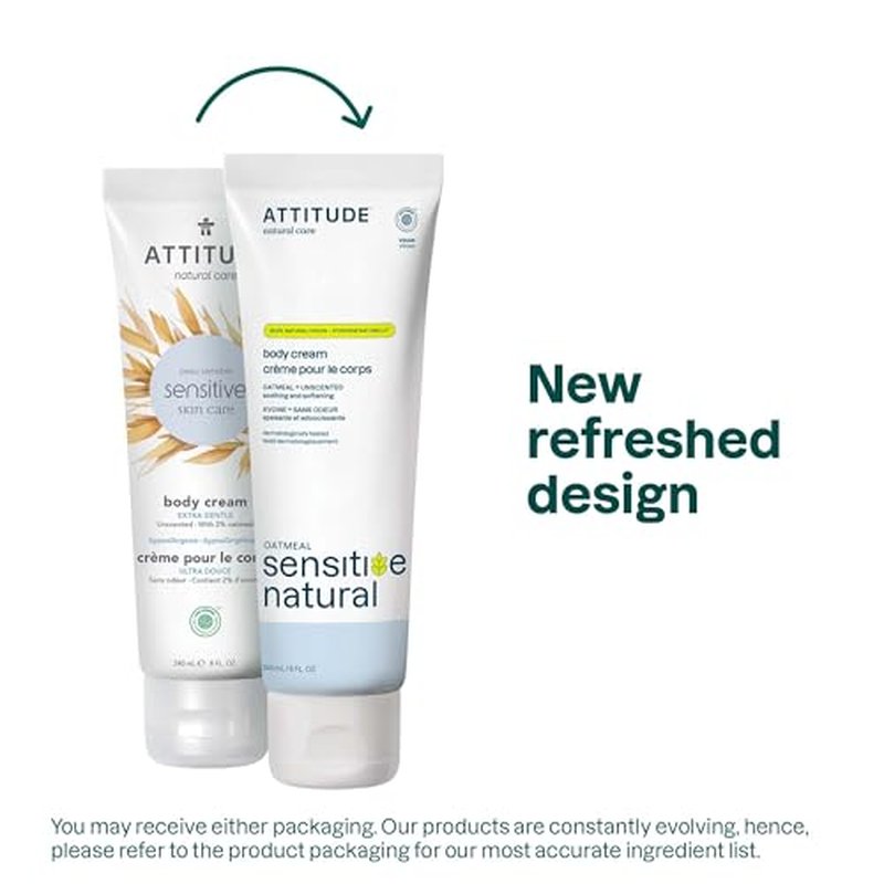 ATTITUDE Body Cream for Sensitive Skin with Oat, EWG Verified, Dermatologically Tested, Vegan, Extra Gentle, Unscented, 8 Fl Oz