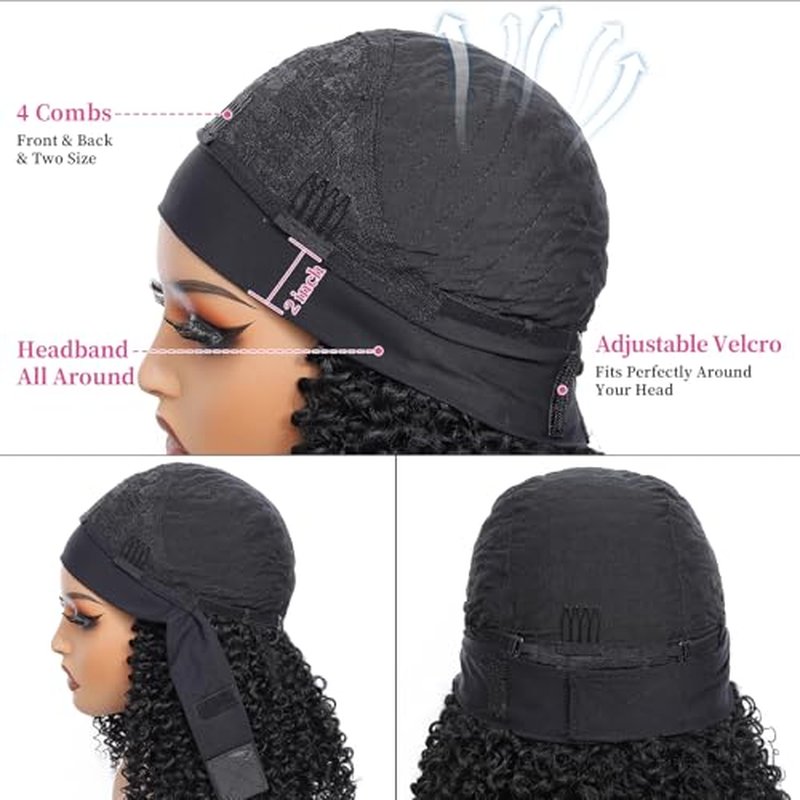Urbeauty Short Kinky Curly Headband Wigs for Black Women Human Hair Soft Feeling Protein Silk Synthetic Hair Soft Lightweight Glueless Quick Install, Beginner Friendly Daily & Flip Over Wig