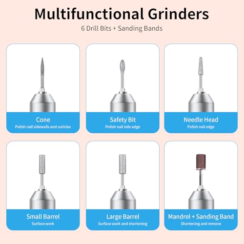 Electric Nail Drill Machine 45,000RPM - Professional Electric and Rechargeable Nail Drill with LCD Display, 6 Bits and 30 Sanding Bands, Low Heat Quiet E-File for Acrylic Gel Nails (Light Pink)