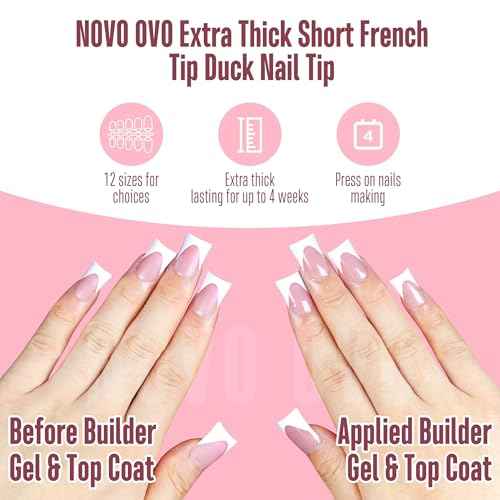 NOVO OVO French Tip Short Duck Nail Tips Press on, Pre-designed Soft Gel Nail Extension, BERRY PINK Pre-applied Tip Primer & Base Coat, Full Cover Matte Vrial False Nails for DIY x 12 Sizes 240 pcs