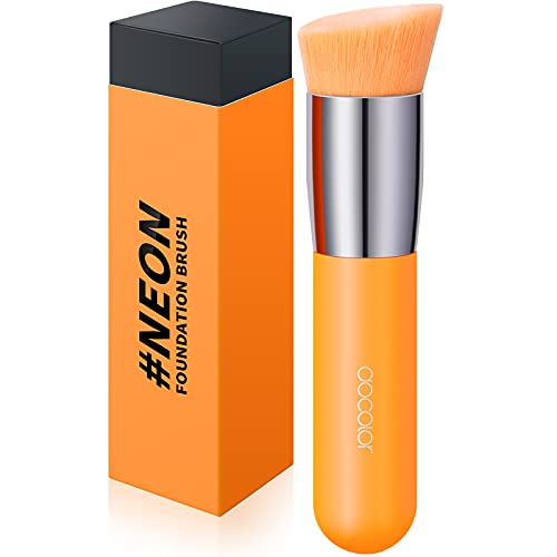 Docolor Angled Kabuki Foundation Brush Synthetic Professional Face Blush Liquid Powder Foundation Makeup Brush for Blending Liquid, Cream or Flawless Powder Cosmetics Tools, Neon Orange