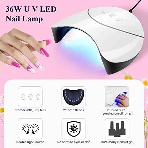 Phoenixy Gel Nail Polish Kit with U V Light, 36 PCS Gel Nail Kit Pink Red Brown Blue Green Nail Polish Set Manicure Starter Kit Gifts for Women