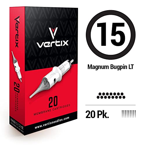 Vertix - 15 Magnum Curved Bugpin - Pack of 20 Membrane Tattoo Machine Cartridges - Transparent Detachable Tip, Minimize Tattoo Pen Machine Vibration