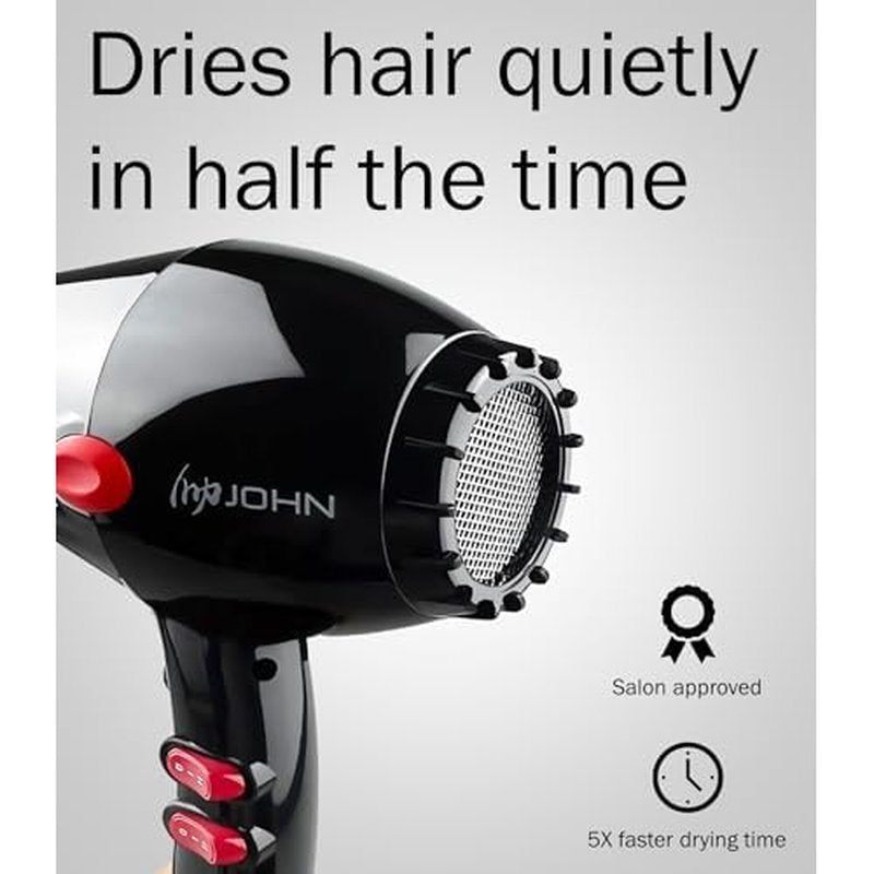 JOHN Super Fast Drying Hair Dryer, Ionic 2200W Professional Salon Blow Dryer, 2 Concentrator Nozzles, Blast Turbo 6900, Black