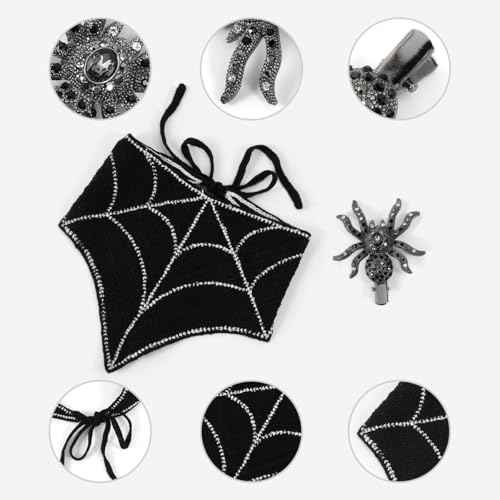 Gothic Cotton Headbands for Women, Spooky Crochet Bandana Knitted Headband with Gothic Hair Accessories Halloween, Wicked Hair Spider Rhinestone Barrettes Triangle Scarf Alternative Accessories
