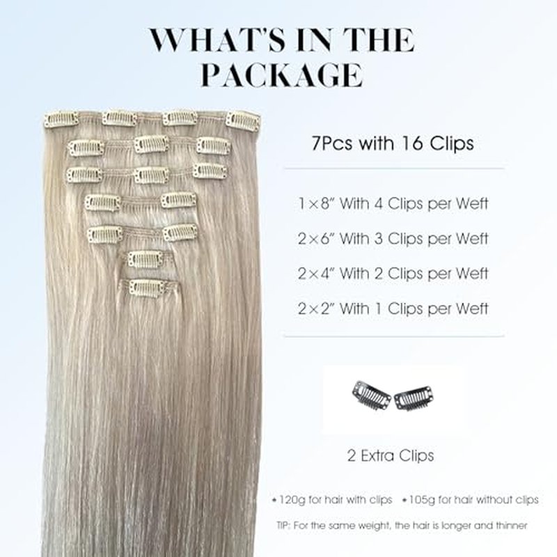 SIYUSI Clip in Hair Extensions Real Human Hair, 100% Brazilian Remy Human Hair Clip Ins, Invisible & Scalp-Friendly, Platinum Silver Color,7Pcs 4.23oz, 20 Inch