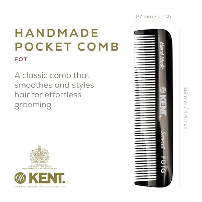 Kent A FOT Handmade Pocket Comb for Men, Women and Kids, All Fine Tooth Hair Comb Straightener for Everyday Grooming and Styling Hair, Beard and Mustache, Saw Cut and Hand Polished, Made in England