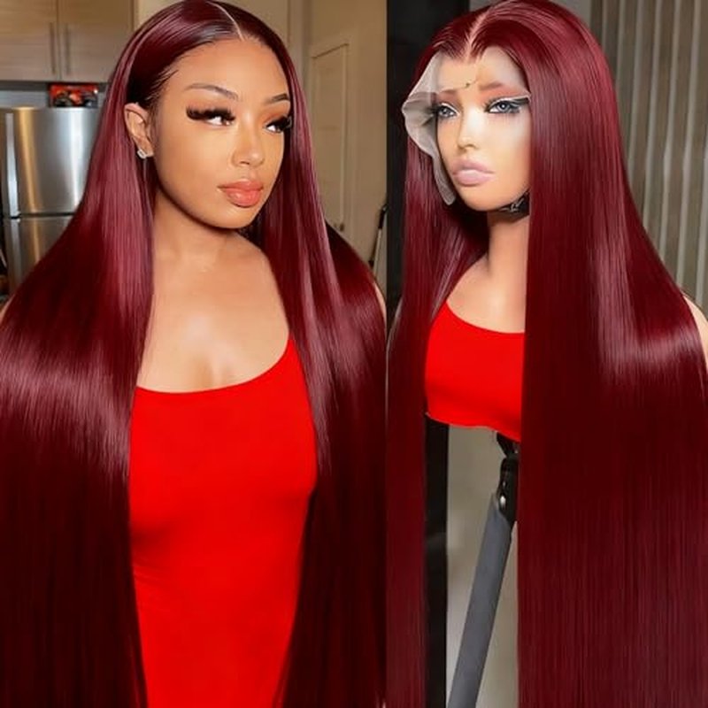 30 Inch Burgundy Wig Human Hair 180% Density 13x4 99J Burgundy Lace Front Wigs Human Hair Pre Plucked Wine Red Colored Straight Wigs Human Hair Glueless Frontal Wigs for Women Red Wig