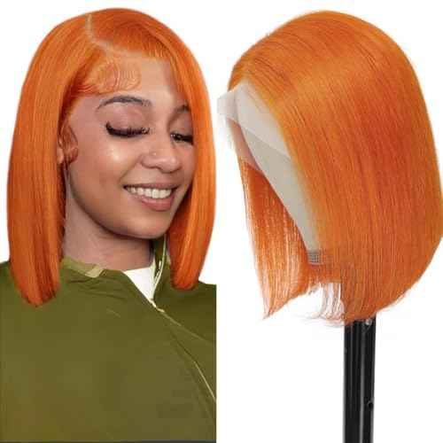 Ginger Orange Bob Lace Front Wigs Human Hair 13x4 HD Transparent Lace Frontal Wigs Pre Plucked Short Bob Wig Straight Wig with Baby Hair #350 Natural Hairline for Black Women 180% Density 10 Inch