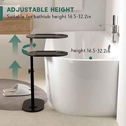 Bamboo Bathtub Tray Table with Adjustable Height, Freestanding Bathtub Caddy for Tub Against Wall, Tub Organizer Suitable for Luxury Spa and House Warming - Patent Protected (Black)