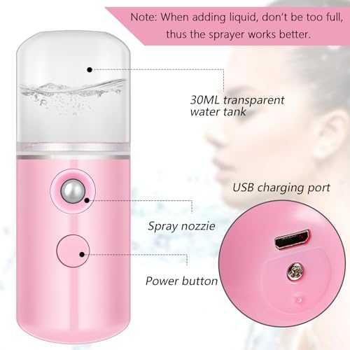 Mudder 4 Pcs Nano Facial Mister Handy Nano Mist Sprayer 30ml Visual Water Tank Portable Face Steamer Mini USB Mister for Lash Extensions, Skin Care, Makeup(White, Black, Blue, Pink)