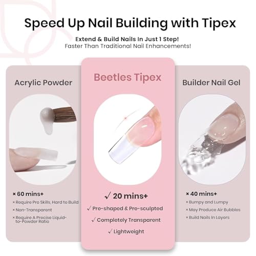 Beetles Tipex Nail Kit, Square Medium Nail Tips 224 Pcs 16 Sizes Pre-Etched Fake Nails with Tipex Nail Glue Mini Nail Lamp - Thick Acrylic Nail Set Pre-Builder Gel Press-on Nails