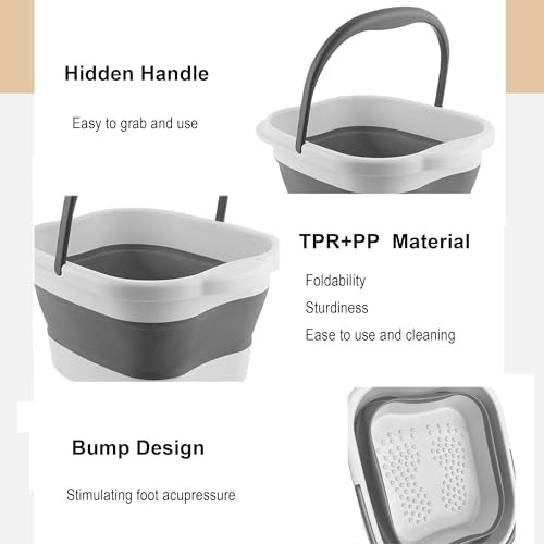 Collapsible Foot Soak Tub 15L(4 GL) with Handle, Bath Massager for Dry Cracked Feet, Plastic Grey Foot Bucket