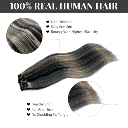Belaved Clip in Hair Extensions, 20 Inch 70g Black Mix Blonde Clip in Hair Extensions Real Human Hair 7pcs Straight Double Weft Nature Ends