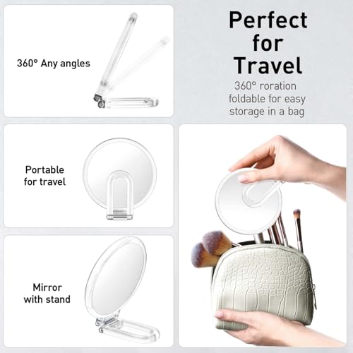 LFOYOU Magnifying Handheld Mirror Double Sided, 1X 15X Magnification Hand Mirror, Travel Folding Held Adjustable Rotation Pedestal Makeup Desk Vanity Mirror