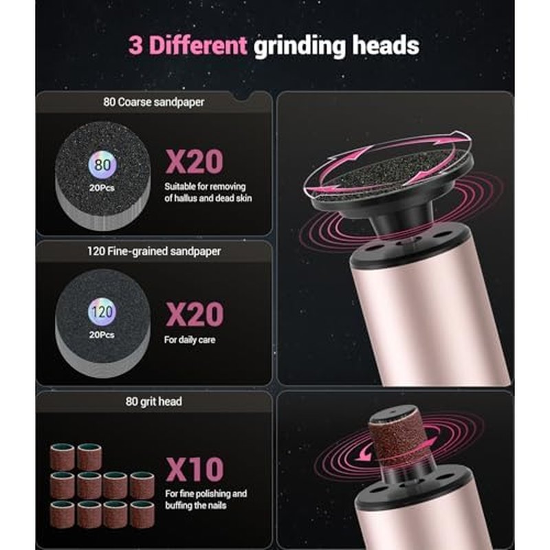 5-in-1 Professional Electric Callus Remover for Feet(Portable & Foldable), Removes 99.92% of Calluses in 3 Mins, Eectric Foot Callus Remover Pedicure Kits with 10 & 40 Grit Pads for Smooth Feet, Pink