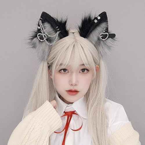 Furry Cat Ears Headband Punk Gothic Heart Clips Animal Ears Hair Hoop for Halloween Cosplay Costume Party