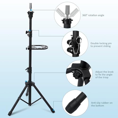 Klvied Wig Stand Tripod Upgraded, Mannequin Head Stand Double Locking, Reinforced Metal Wig Head Stand with Tool Tray, Black (53.5 Inches)
