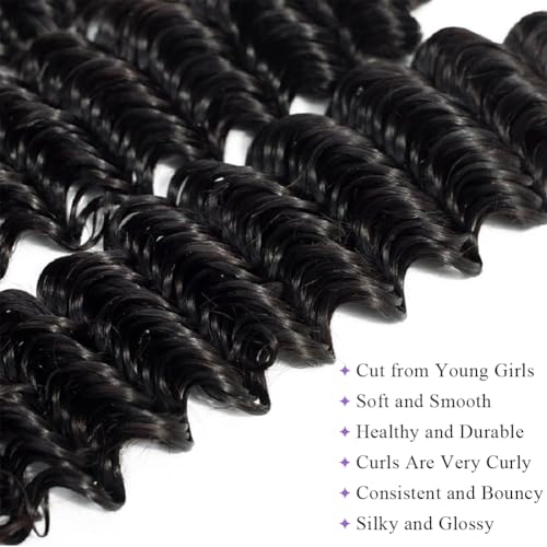 Deep Wave Bundles Human Hair 26" 12A Brazilian Virgin Human Hair Single Bundle 100% Unprocessed Deep Wave Bundles Double Weft Deep Curly Weave for Black Women Natural Black Water Wave Bundle
