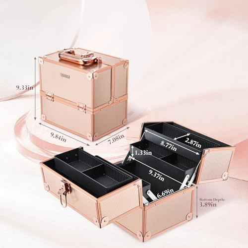 FRENESSA Makeup Train Case Makeup Case Travel Cosmetic Box Organizer Portable Make Up Box with Dividers Lockable for Artist Nail Sewing Vanity Storage Makeup Travel Case Rose Gold