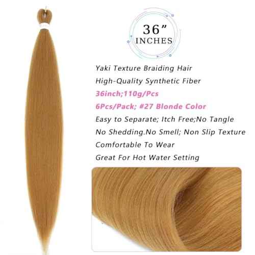 6 Packs Blonde Braiding Hair Pre Stretched #27 Color Honey Blonde Pre Stretched Braiding Hair 36inch Long Synthetic Hair Extensions For Braids Hot Water Setting Soft Yaki Texture(#27,6Pack)