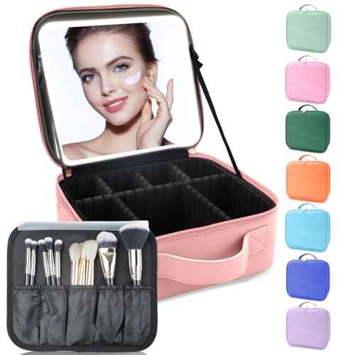 Makeup Bag with Led Mirror,Travel Makeup Organizer with 3 Color Setting, Portable Storage and Adjustable Dividers Travel Makeup Bag(Pink)