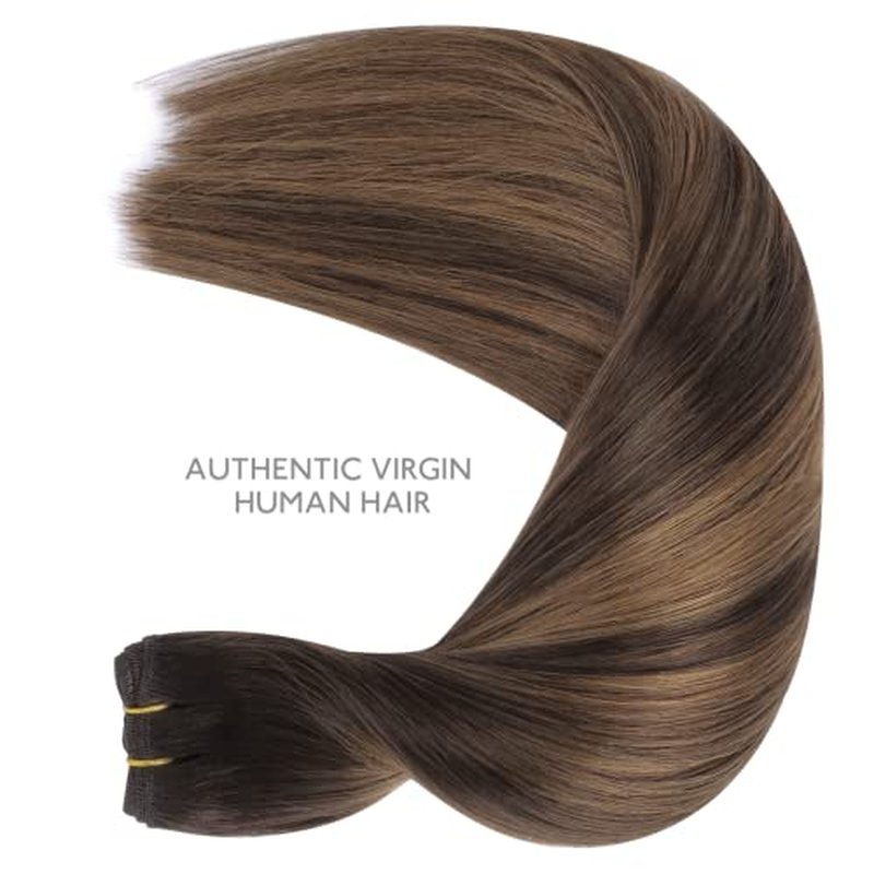 WENNALIFE Sew in Hair Extensions Real Human Hair, 22 Inch 110g Balayage Dark Brown to Chestnut Brown Machine Weft Remy Hair Hand Tied Weft Straight Extensiones De Cabello Hmano