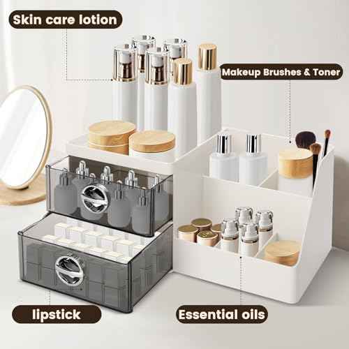 Makeup Organizer with Clear Drawers,Plastic Skincare Organizers for Vanity,Large Capacity Makeup Organizer Countertop for Cosmetics, Skincare,Office Stationery (Gray Drawer)