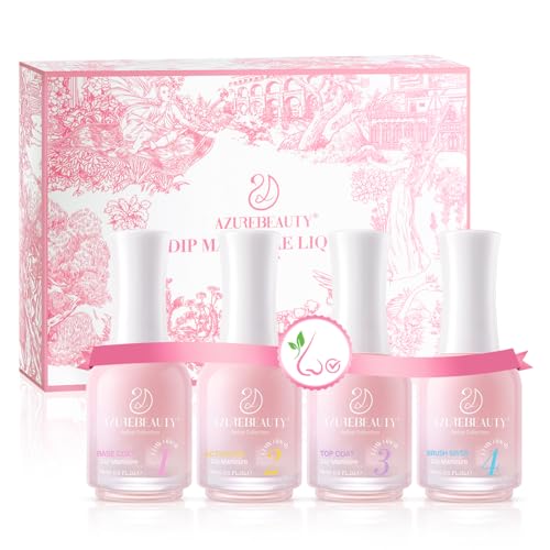 AZUREBEAUTY Dip Powder Liquid Set, 4Pcs 15ml/0.5oz Dipping Base Activator and Top Coat Brush Saver Nail File Necessary Tools for Dip Kit No Lamp Needed