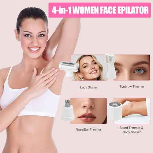 Women Face Epilator, 4-in-1 Body Shaver and Facial Epilator, Hair Removal for Face, Waterproof Facial Hair Remover for Armpits, Arms, Legsm, Bikini